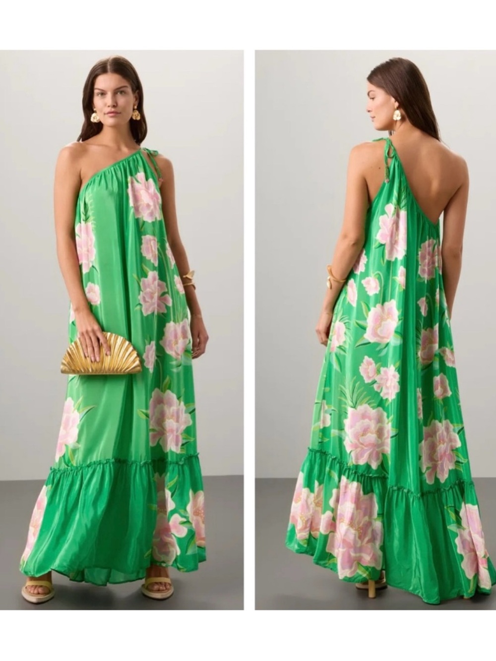 Farm Rio Floral Vibing One-Shoulder Green Maxi Dress